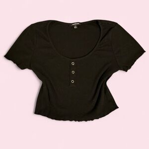 Ambiance Black Ribbed Scoop Crop Top with Button Placket
